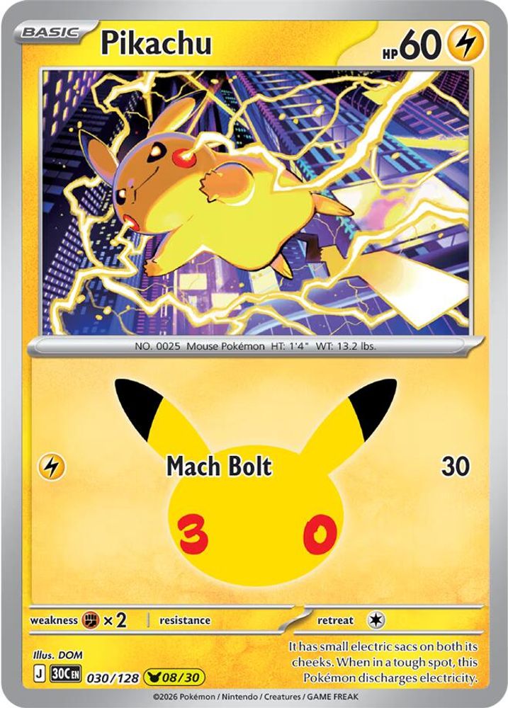 Pikachu 030/128 Holo Pikachu Rare ME: 30th Celebration Pokemon Near Mint