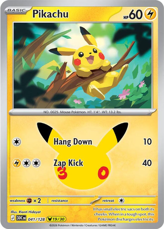 Pikachu 041/128 Holo Pikachu Rare ME: 30th Celebration Pokemon Near Mint