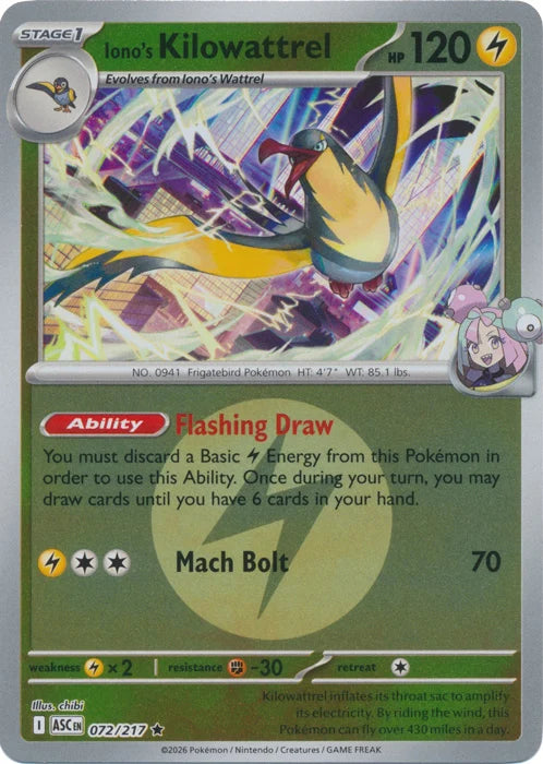 Iono's Kilowattrel (Energy Symbol Pattern) 072/217 Ascended Heroes Reverse Holo