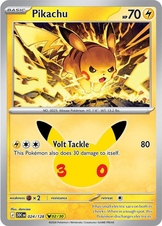 Pikachu 024/128 Holo Pikachu Rare ME: 30th Celebration Pokemon Near Mint