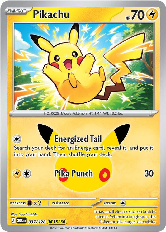 Pikachu 037/128 Holo Pikachu Rare ME: 30th Celebration Pokemon Near Mint