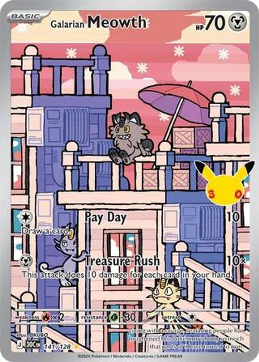 Galarian Meowth 141/128 Illustration Rare ME: 30th Celebration Pokemon Holo