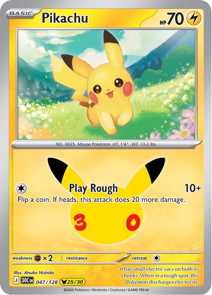 Pikachu 047/128 Holo Pikachu Rare ME: 30th Celebration Pokemon Near Mint